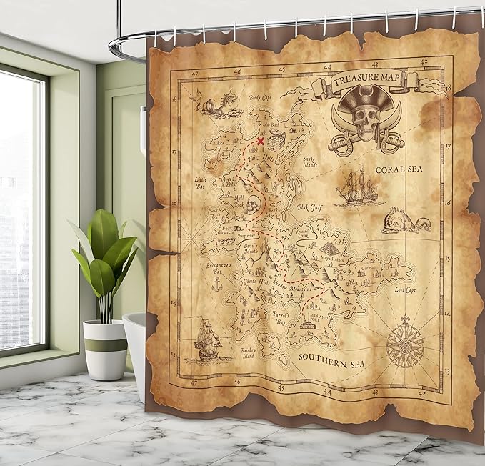 Ambesonne Island Map Shower Curtain, Super Detailed Treasure Map Grungy Rustic Pirates Gold Secret Sea History Theme, Cloth Fabric Bathroom Decor Set with Hooks, 69" W x 75" L, Beige Brown