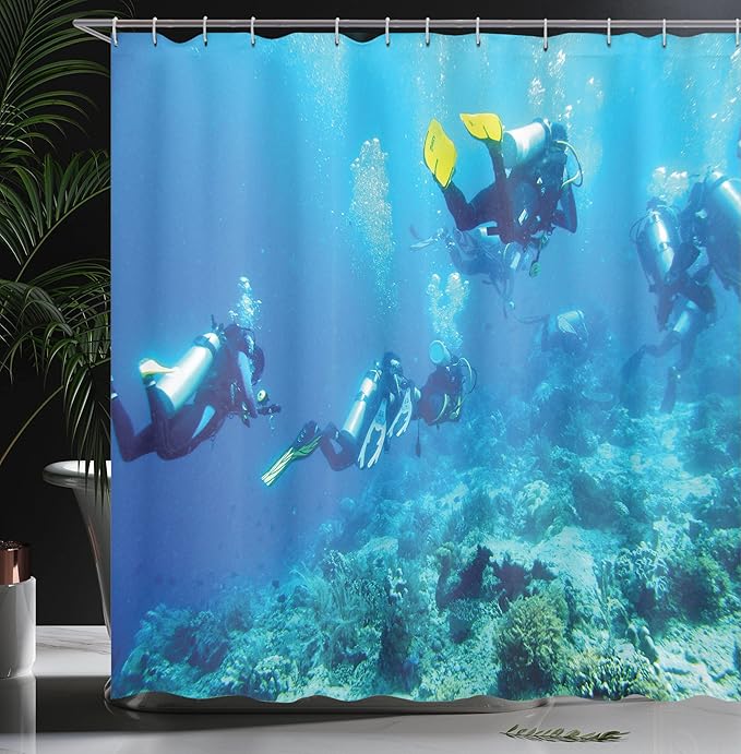 Ambesonne Ocean Shower Curtain, Scuba Diver in Ocean with Stones Rocks Fish Moss and Bubbles Art Photo, Cloth Fabric Bathroom Decor Set with Hooks, 69" W x 70" L, Sky Blue