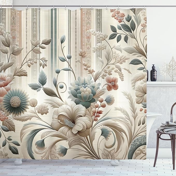 Ambesonne Vintage Shower Curtain, Nostalgic Delicate Flowers and Curling Leafy Details in Soft Colors, Cloth Fabric Bathroom Decor Set with Hooks, 69" W x 75" L, Eggshell Pale Slate Blue
