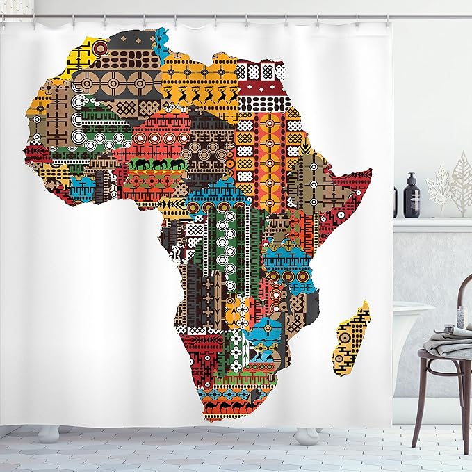 Ambesonne African Shower Curtain, Map with Countries Architectural Feature Popular Continent Artwork, Cloth Fabric Bathroom Decor Set with Hooks, 69" W x 75" L, Earth Yellow
