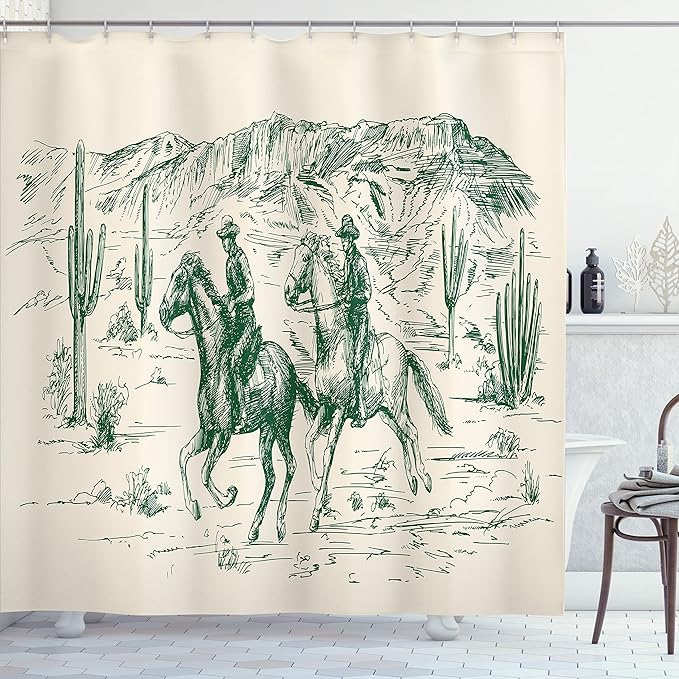 Ambesonne Western Shower Curtain, Country Theme Hand Drawn Illustration of American Wild West Desert with Cowboys, Cloth Fabric Bathroom Decor Set with Hooks, 69" W x 75" L, Jade Green