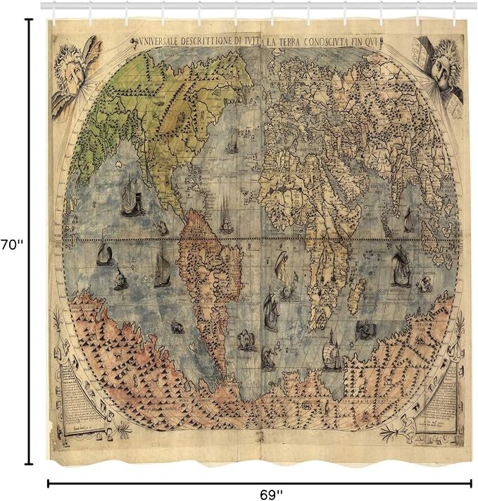 Ambesonne Antique Shower Curtain, Map of World Global History Stained Paper Oceans Lands Vintage Atlas, Cloth Fabric Bathroom Decor Set with Hooks, 69" W x 70" L, Cream Green