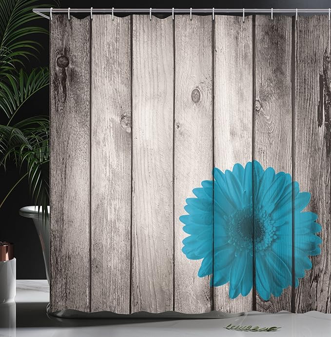Ambesonne Rustic Shower Curtain, Flower Red Dahlia on Foreground of Murky Featured Dated Wooden Board Retro Art Print, Cloth Fabric Bathroom Decor Set with Hooks, 69" W x 75" L, Sea Blue