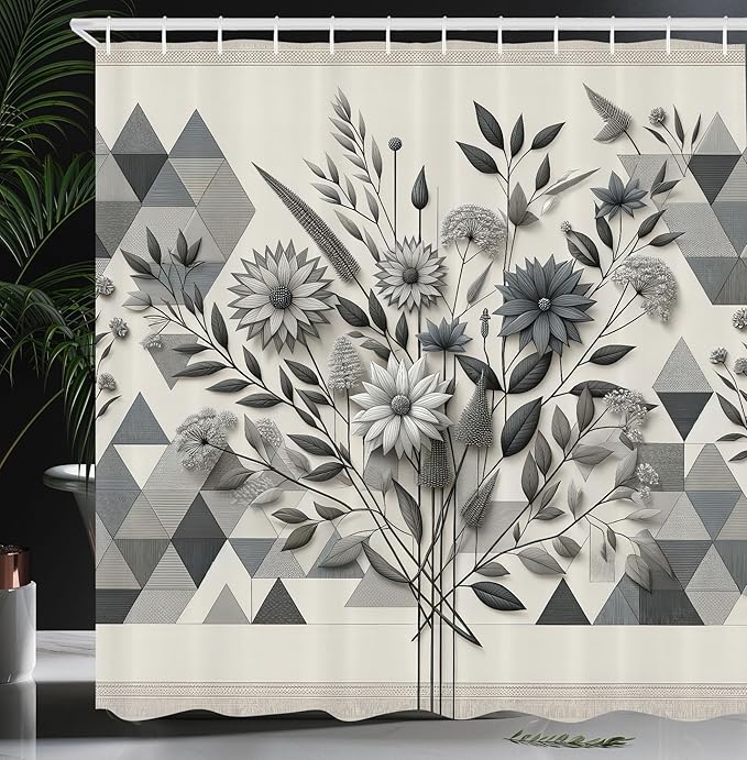 Ambesonne Grey Shower Curtain, Wild Flowery with Melancholic Boho Leaves on Geometric Triangle Pattern Back, Cloth Fabric Bathroom Decor Set with Hooks, 69" W x 75" L, Grey Teal Slate Blue
