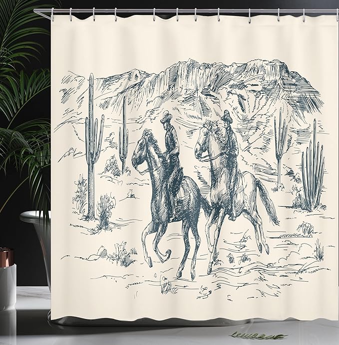Ambesonne Western Shower Curtain, Country Theme Hand Drawn Illustration of American Wild West Desert with Cowboys, Cloth Fabric Bathroom Decor Set with Hooks, 69" W x 75" L, Slate Blue