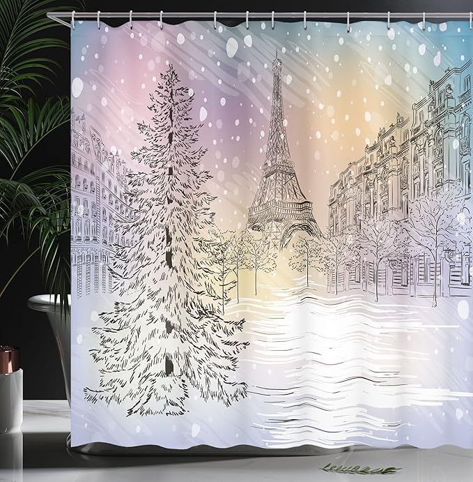 Ambesonne Winter Shower Curtain, Image of Stormy Winter Day in Idyllic Paris Streets Eiffel Tower Europe Scenery, Cloth Fabric Bathroom Decor Set with Hooks, 69" W x 70" L, Pink White