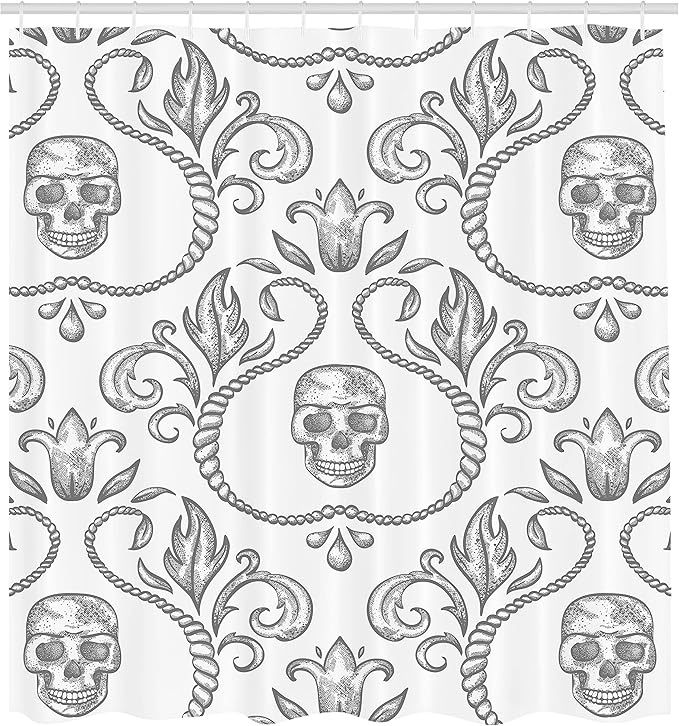 Ambesonne Gothic Shower Curtain, Ornament Skull Goth Skeleton Floral Motifs in Baroque Style Illustration, Cloth Fabric Bathroom Decor Set with Hooks, 69" W x 70" L, Pale Grey