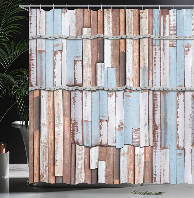 Ambesonne Rustic Shower Curtain, Nautical Wooden Planks Tree Designs on Rusty Screws Art Print, Cloth Fabric Bathroom Decor Set with Hooks, 69" W x 75" L, Brown White and Blue