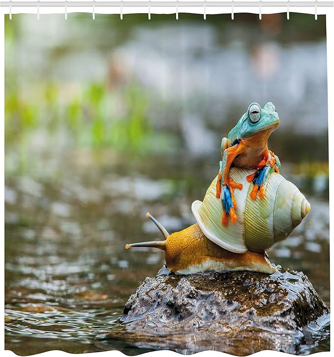 Ambesonne Funny Shower Curtain, Colorful Frog Above The Snail Riverscape Water Rock Mollusks Amphibian Animals, Cloth Fabric Bathroom Decor Set with Hooks, 69" W x 75" L, Multicolor Earth Yellow