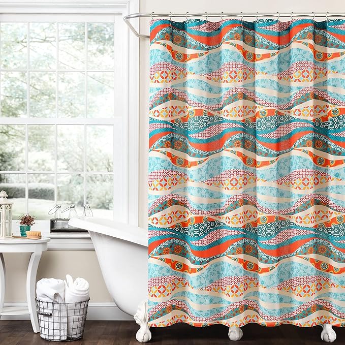 Lush Decor Hailey Watercolor Wave Cotton Shower Curtain Single 72" W x 72" L Turquoise & Multi - Colorful Shower Curtains for Bathroom Curtain Maximalist