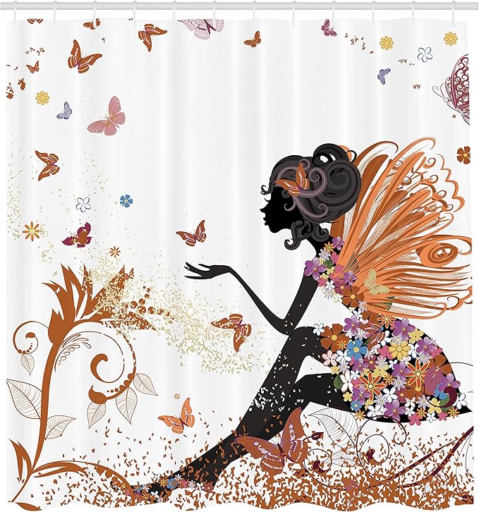 Ambesonne Fantasy Shower Curtain, Spring Girl Wings in a Floral Dress Surreal Garden Butterflies Print, Cloth Fabric Bathroom Decor Set with Hooks, 69" W x 84" L, Pale Cinnamon
