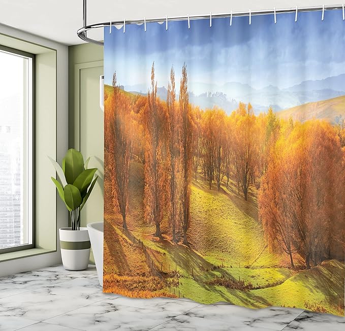 Ambesonne Autumn Shower Curtain, Sunrise in Autumn in New Zealand Leaves Forest Foliage Hillside View, Cloth Fabric Bathroom Decor Set with Hooks, 69" W X 70" L, Orange Apple Green Blue