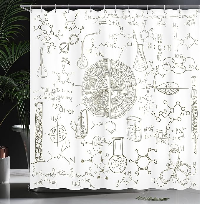 Ambesonne Science Shower Curtain, Science Theme Hand Drawn Style Chemistry Laboratory Illustration, Cloth Fabric Bathroom Decor Set with Hooks, 69" W x 75" L, White Umber