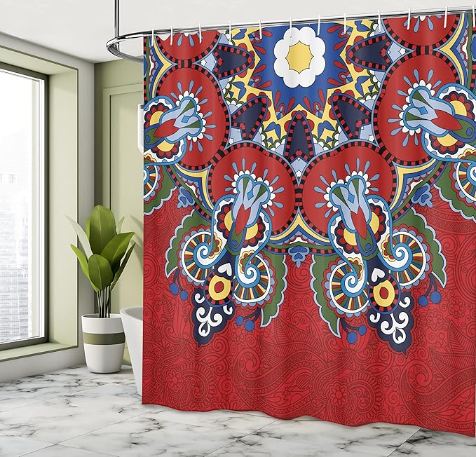 Ambesonne Mandala Shower Curtain, Color Jumble of Lace Like Flowers Leaves Swirls Vintage Illustration Folk Themed, Cloth Fabric Bathroom Decor Set with Hooks, 69" W x 70" L, Red