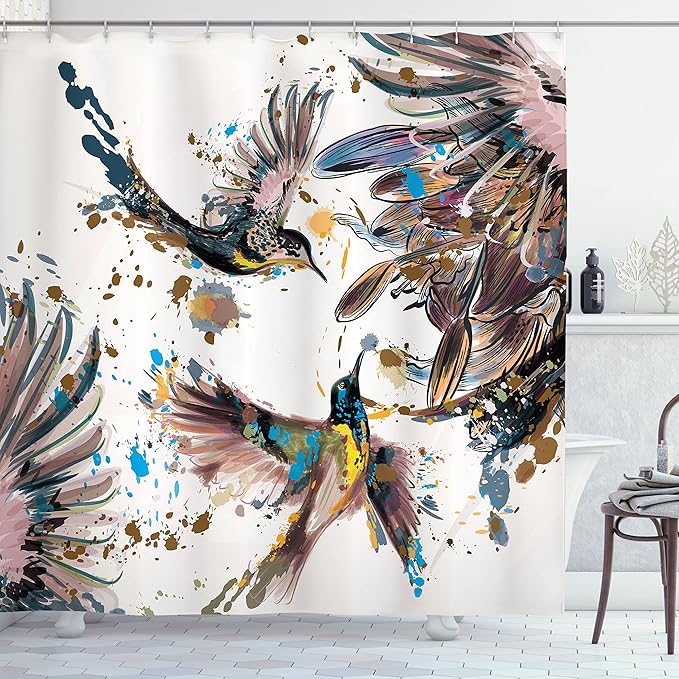 Ambesonne Hummingbird Shower Curtain, Art Lily Flowers Birds and Color Splashes in Watercolor Painting Style, Cloth Fabric Bathroom Decor Set with Hooks, 69" W x 70" L, Blush Teal