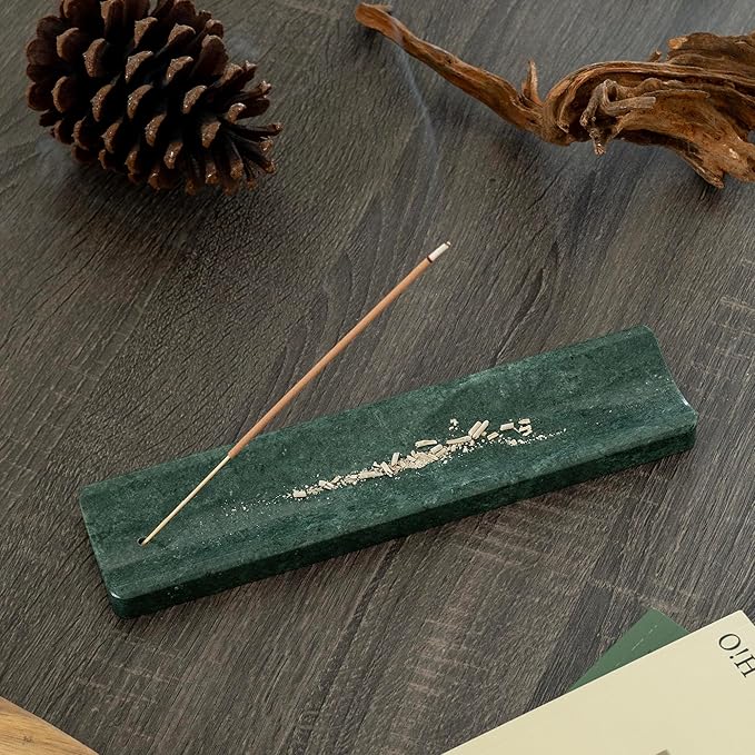 Marble Incense Holder Burner-Natural Stone Stick Incense Tray with Ash Catcher，20 Sticks & Brush - Elegant Decor for Meditation, Yoga, Home,Gift(Green)