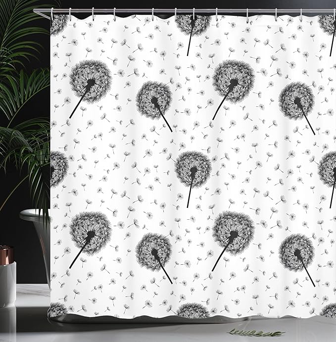 Ambesonne Black White Shower Curtain, Dandelions Floating in The Wind Freedom Spring Wildflowers Nature Floral, Cloth Fabric Bathroom Decor Set with Hooks, 69" W x 70" L, Black White