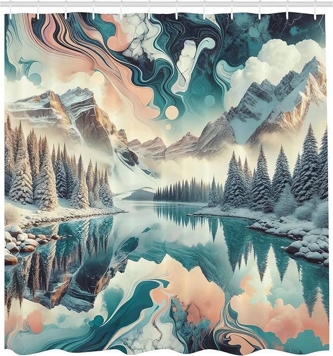Ambesonne Lake Shower Curtain, Watercolor Effect Dreamy Vibe Woodland and Mountain Scene Print with Clouds, Cloth Fabric Bathroom Decor Set with Hooks, 69" W x 75" L, Cadet Blue Peach Teal