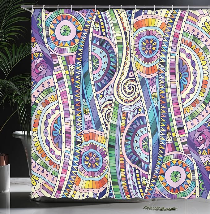 Ambesonne Floral Shower Curtain, Geometric Mosaic Style Colorful Illustration Flower Pattern Ornamental Doodle Art, Cloth Fabric Bathroom Decor Set with Hooks, 69" W x 70" L, Purple Green