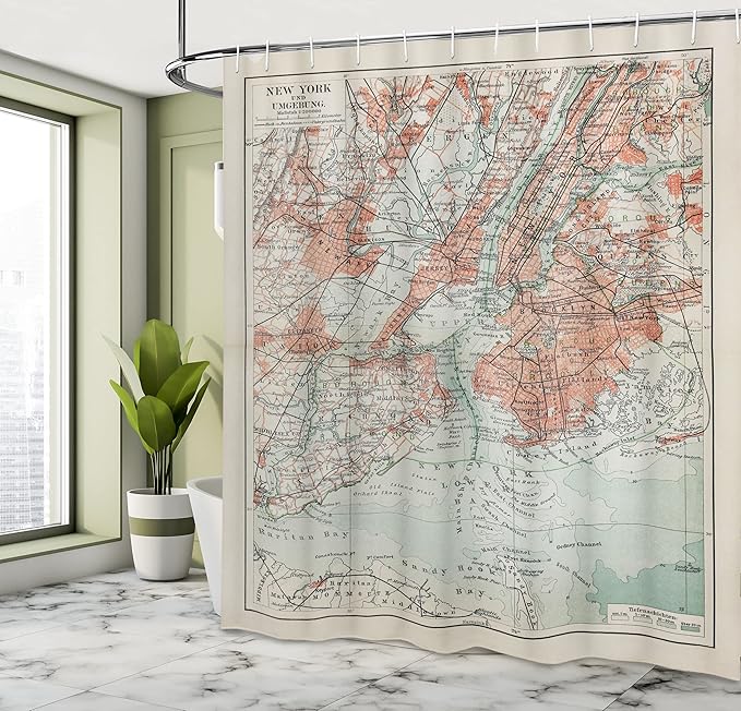 Ambesonne NYC Shower Curtain, New York Old Map from End of 19th Century History Historical Antiques, Cloth Fabric Bathroom Decor Set with Hooks, 69" W x 84" L, Turquoise Beige