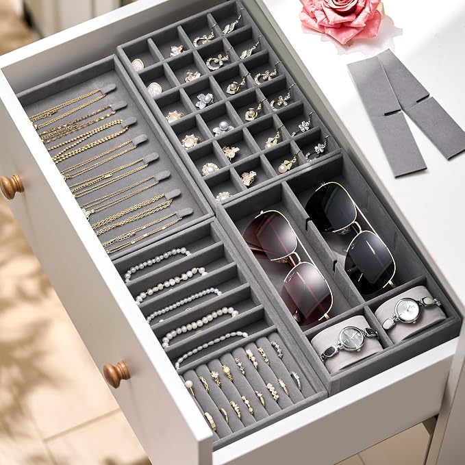 Velvet Jewelry Drawer Organizer Trays – Grey Stackable Jewelry Storage Inserts Set, 4-Layer Jewelry Tray Set for Earrings, Rings, Necklaces, Bracelets with Removable Dividers for Dresser & Vanity