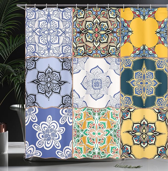 Ambesonne Moroccan Shower Curtain, Portuguese Tile Patterns Various Tones Textures Bohemian Print, Cloth Fabric Bathroom Decor Set with Hooks, 69" W x 70" L, White Soft Blue Night Blue
