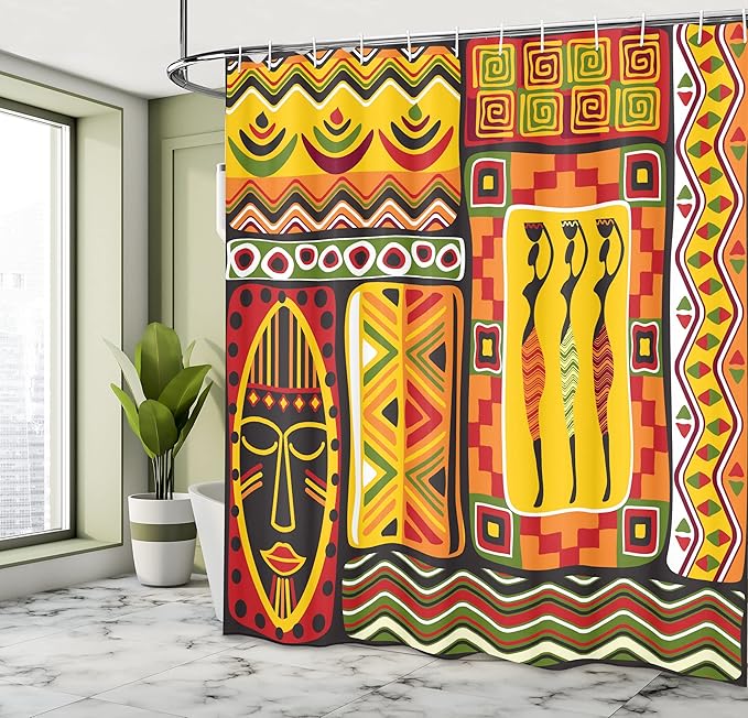 Ambesonne African Shower Curtain, Elements Historical Original Striped and Rectangle Shapes Design, Cloth Fabric Bathroom Decor Set with Hooks, 69" W x 75" L, Scarlet Yellow