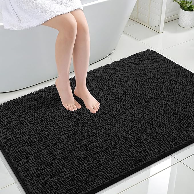 OLANLY Large Bathroom Rugs 47x32, Extra Soft Absorbent Chenille Bath Rugs, Rubber Backing Quick Dry, Machine Washable Bath Mats for Bathroom Floor, Tub and Shower, Home Decor Accessories, Black
