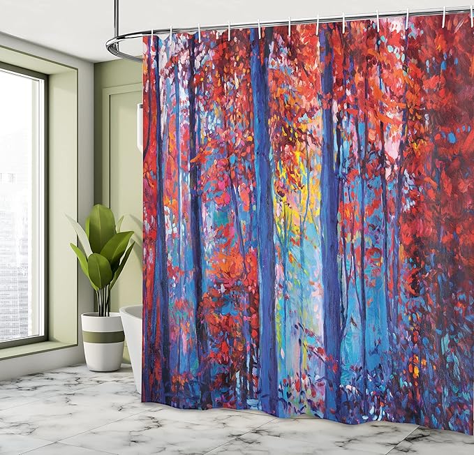 Ambesonne Forest Shower Curtain, Oil Painting View Autumn Forest Modern Impressionism Artwork Print, Cloth Fabric Bathroom Decor Set with Hooks, 69" W x 75" L, Scarlet Blue