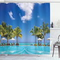 Ambesonne Coastal Shower Curtain, Tropical Beach in Mauritius Swimming Pool and Sunbeds with Coconut Palm Trees, Cloth Fabric Bathroom Decor Set with Hooks, 69" W x 70" L, Green Aqua