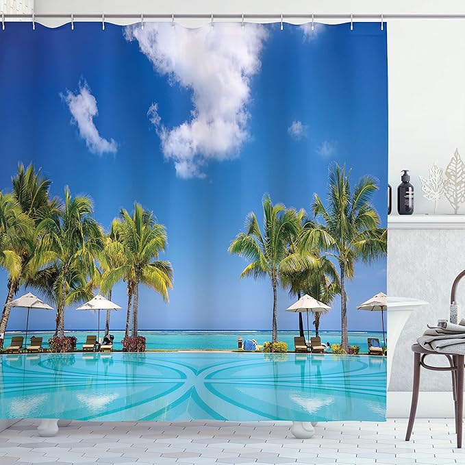 Ambesonne Coastal Shower Curtain, Tropical Beach in Mauritius Swimming Pool and Sunbeds with Coconut Palm Trees, Cloth Fabric Bathroom Decor Set with Hooks, 69" W x 70" L, Green Aqua