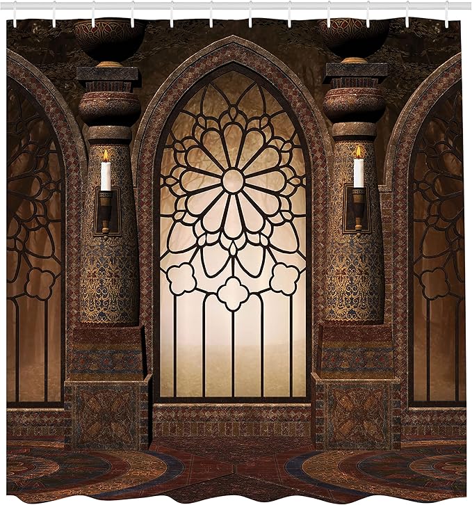 Ambesonne Gothic Shower Curtain, Antique Myst Gate with Pattern and Curvings Design Illustration, Cloth Fabric Bathroom Decor Set with Hooks, 69" W x 70" L, Brown