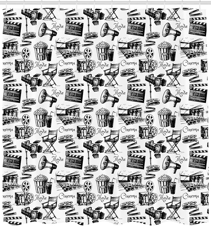 Ambesonne Movie Shower Curtain, Vintage Film Cinema Motion Camera Action Record Graphic Style Print, Cloth Fabric Bathroom Decor Set with Hooks, 69" W x 75" L, Charcoal White