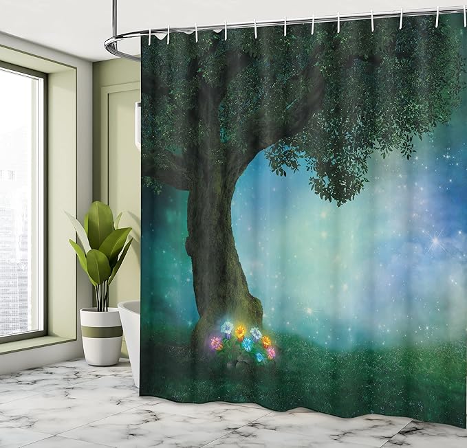 Ambesonne Forest Shower Curtain, Little Red Riding Hood Woodland at Night Flowers and Stars Image Print, Cloth Fabric Bathroom Decor Set with Hooks, 69" W x 75" L, Multicolor Forest Green