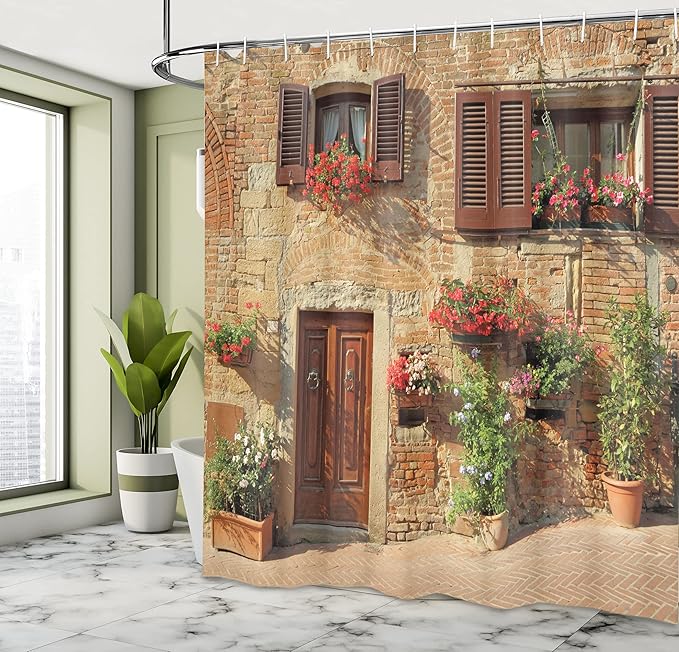 Ambesonne Tuscan Shower Curtain, Picturesque Lane with Mediterranean Architecture Flowers Italian Town, Cloth Fabric Bathroom Decor Set with Hooks, 69" W x 84" L, Brown Burgundy