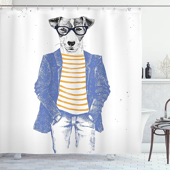 Ambesonne Quirky Shower Curtain, Hipster Jack Russell Dog Glasses Hand Drawn Sketchy Fashion Animal Fun, Cloth Fabric Bathroom Decor Set with Hooks, 69" W x 75" L, Ceil Blue