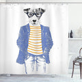 Ambesonne Quirky Shower Curtain, Hipster Jack Russell Dog Glasses Hand Drawn Sketchy Fashion Animal Fun, Cloth Fabric Bathroom Decor Set with Hooks, 69" W x 75" L, Ceil Blue