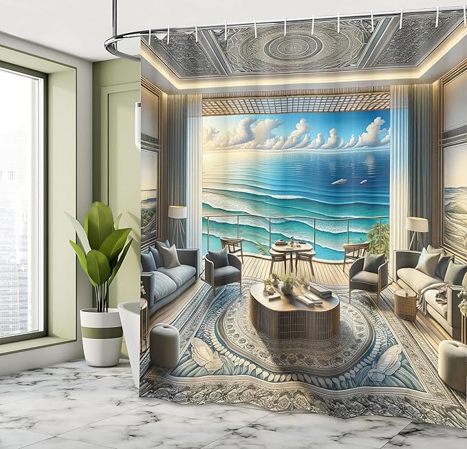 Ambesonne Fantasy Scenery Shower Curtain, Abstract Seascape Ocean Horizon with Oriental Detailed Room, Cloth Fabric Bathroom Decor Set with Hooks, 69" W x 70" L, Coconut Blue and Turquoise