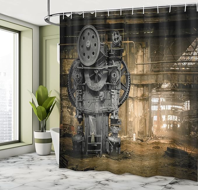 Ambesonne Industrial Shower Curtain, Wrecking Crew Waiting for a Demolition Messy Dust Vintage Large City Repair, Cloth Fabric Bathroom Decor Set with Hooks, 69" W x 75" L, Khaki Grey