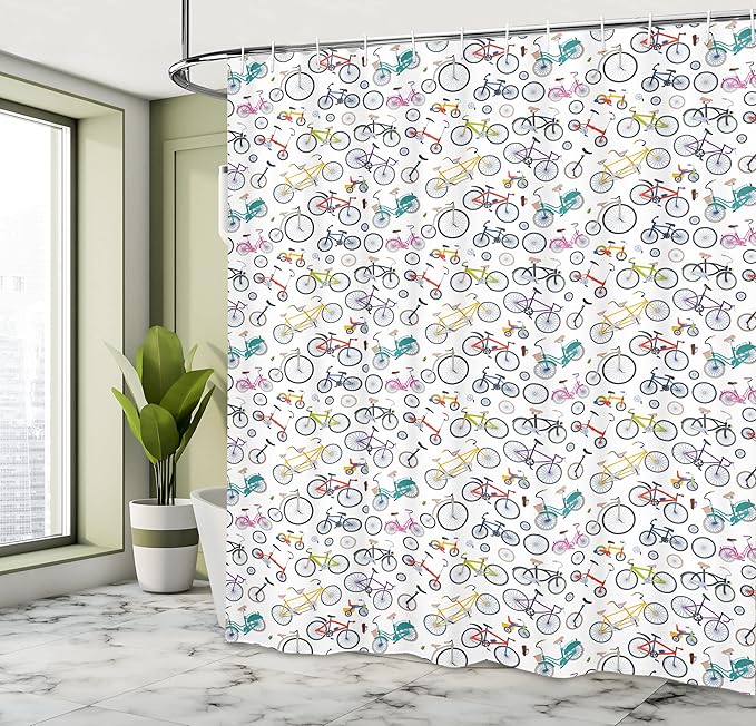 Ambesonne Bicycle Shower Curtain, Retro Style Colorful Bicycles of All Styles and for All Age Groups Training Wheels, Cloth Fabric Bathroom Decor Set with Hooks, 69" W x 70" L, Dark Blue Grey