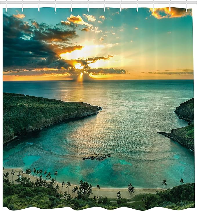 Ambesonne Hawaiian Shower Curtain, Sunrise Over Hanauma Bay Oahu Hawaii Sunbeams Through Clouds Shoreline, Cloth Fabric Bathroom Decor Set with Hooks, 69" W x 75" L, Turquoise Green Yellow