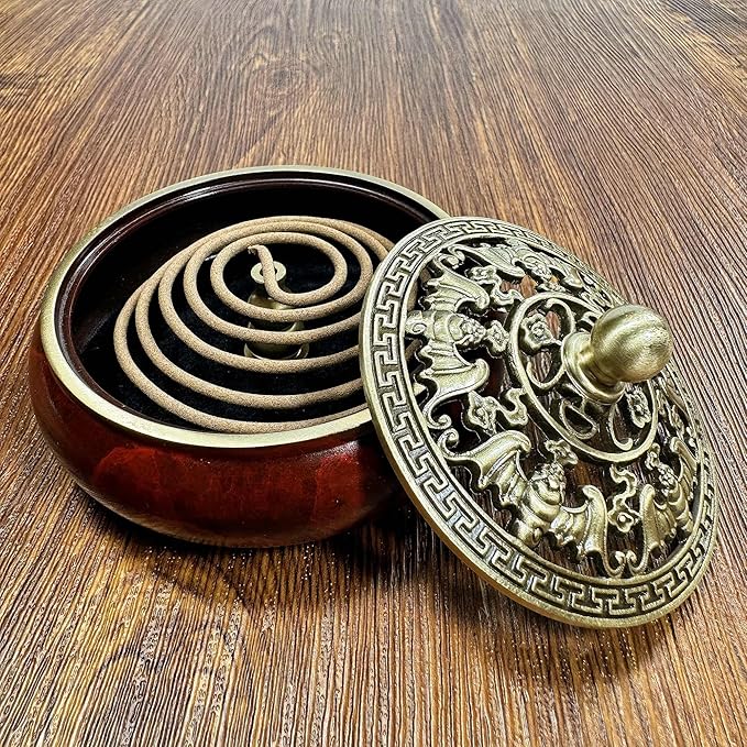 Red Brass Incense Burner with Stick Holder & Fireproof Cotton - Compatible with Cone, Charcoal Disc, Coil Incense | Handcrafted Durable Design for Home Altar, Meditation, Yoga