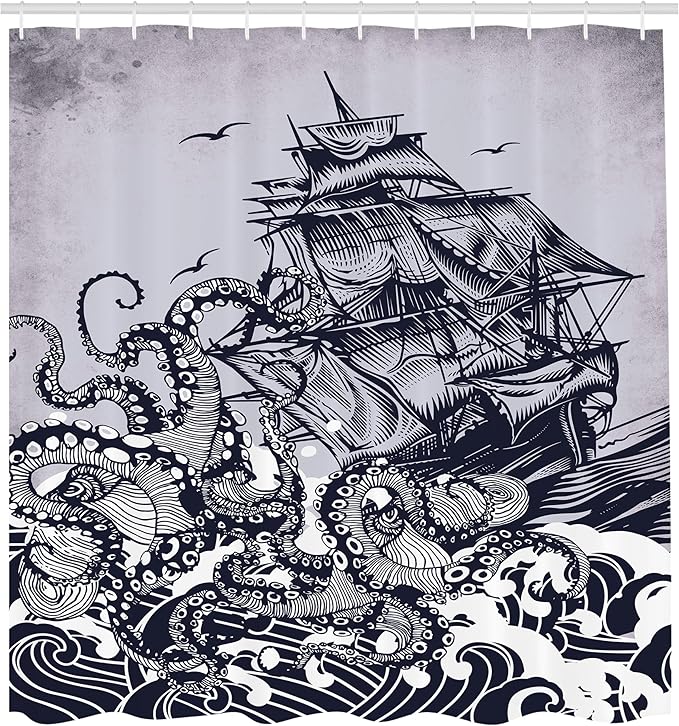 Ambesonne Nautical Shower Curtain, Coastal Nature Theme Kraken Octopus Tentacles with Ship Sail Old Boat Art Drawing in Ocean Waves, Cloth Fabric Decor for Bathroom Set with Hooks, 69" W x 70" L, Blue