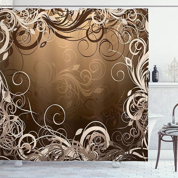 Ambesonne Abstract Shower Curtain, Mystic Forest Floral Swirls Leaves Nature Fading Ombre Effect Illustration, Cloth Fabric Bathroom Decor Set with Hooks, 69" W x 75" L, Caramel Brown