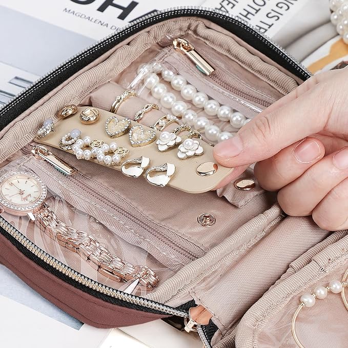 NISHEL Travel Jewelry Case Organizer, Tangle-Free Necklace Storage Bag | Stores rings, earrings, bracelets and watches in a compact case for travel and daily use, Rosewood-Pink, Small