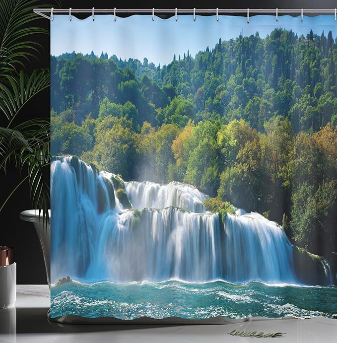 Ambesonne Waterfall Shower Curtain, Scenic Waterfall on The River and Forest Wild Space Life on Earth Photo, Cloth Fabric Bathroom Decor Set with Hooks, 69" W x 70" L, Green Blue Ivory