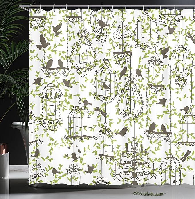 Ambesonne Vintage Shower Curtain, Antique Birdcages on Ivy Leaf Love Couple Escape Freedom Modern Illustration, Cloth Fabric Bathroom Decor Set with Hooks, 69" W x 70" L, Navy Green