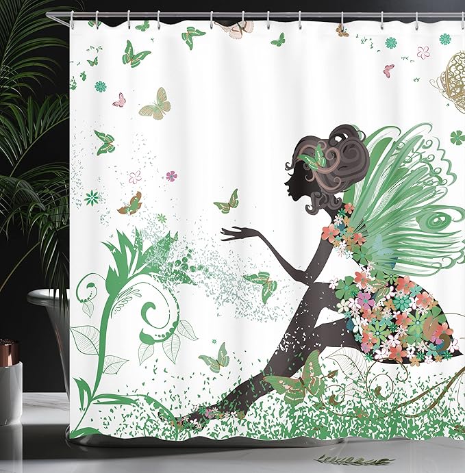 Ambesonne Fantasy Shower Curtain, Spring Girl Wings in a Floral Dress Surreal Garden Butterflies Print, Cloth Fabric Bathroom Decor Set with Hooks, 69" W x 75" L, Fern Green