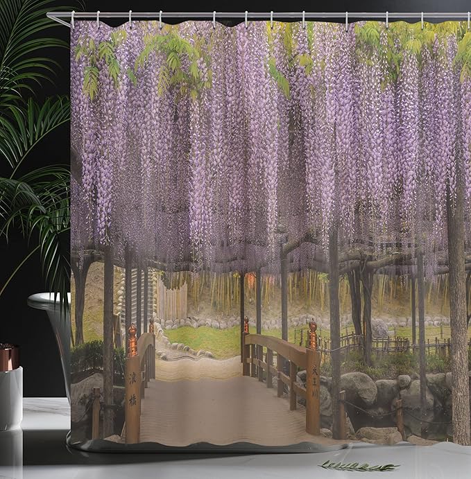 Ambesonne Japanese Shower Curtain, Lilac Flowers Hanging Down from Terrace Top to Bottom Field Paradise Scenery, Cloth Fabric Bathroom Decor Set with Hooks, 69" W x 70" L, Purple Brown