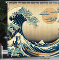 Ambesonne Funny Shower Curtain, Classic Japanese Waves Illustration Featuring Surfing Happy Cat Boho Asian, Cloth Fabric Bathroom Decor Set with Hooks, 69" W x 75" L, Sand Brown Sea Blue